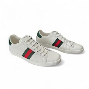 Gucci Ace Web Stripe Low Top Sneaker White Leather Green Red Size 40.5 US 10.5